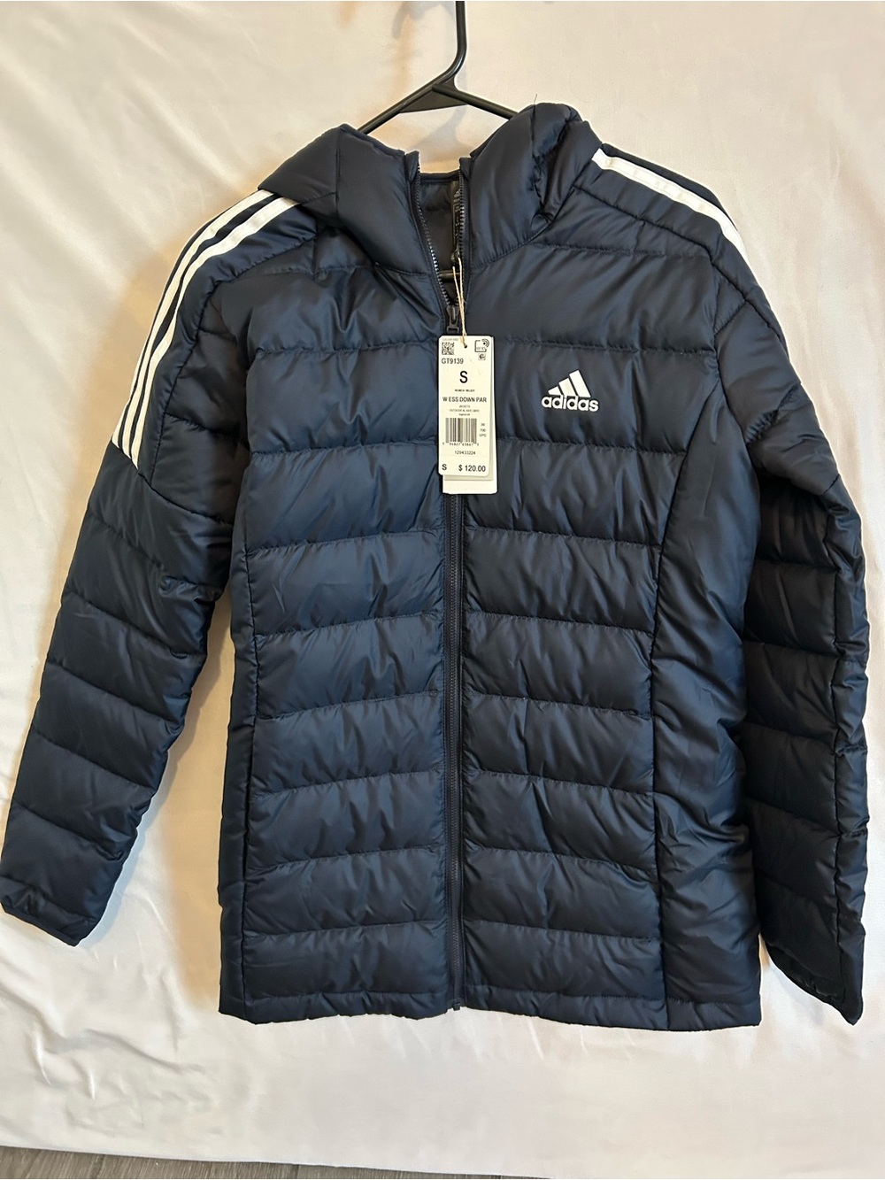 adidas Navy Blue Women’s Warm Puffer Jacket with Hood and White Stripes GT9139
